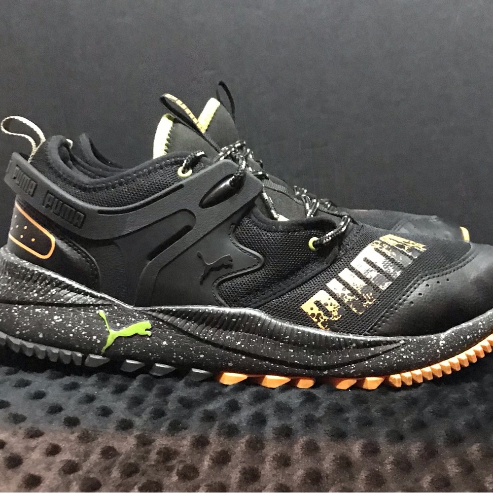 (19)PUMA Black Athletic Sneakers with Green & Orange Accents